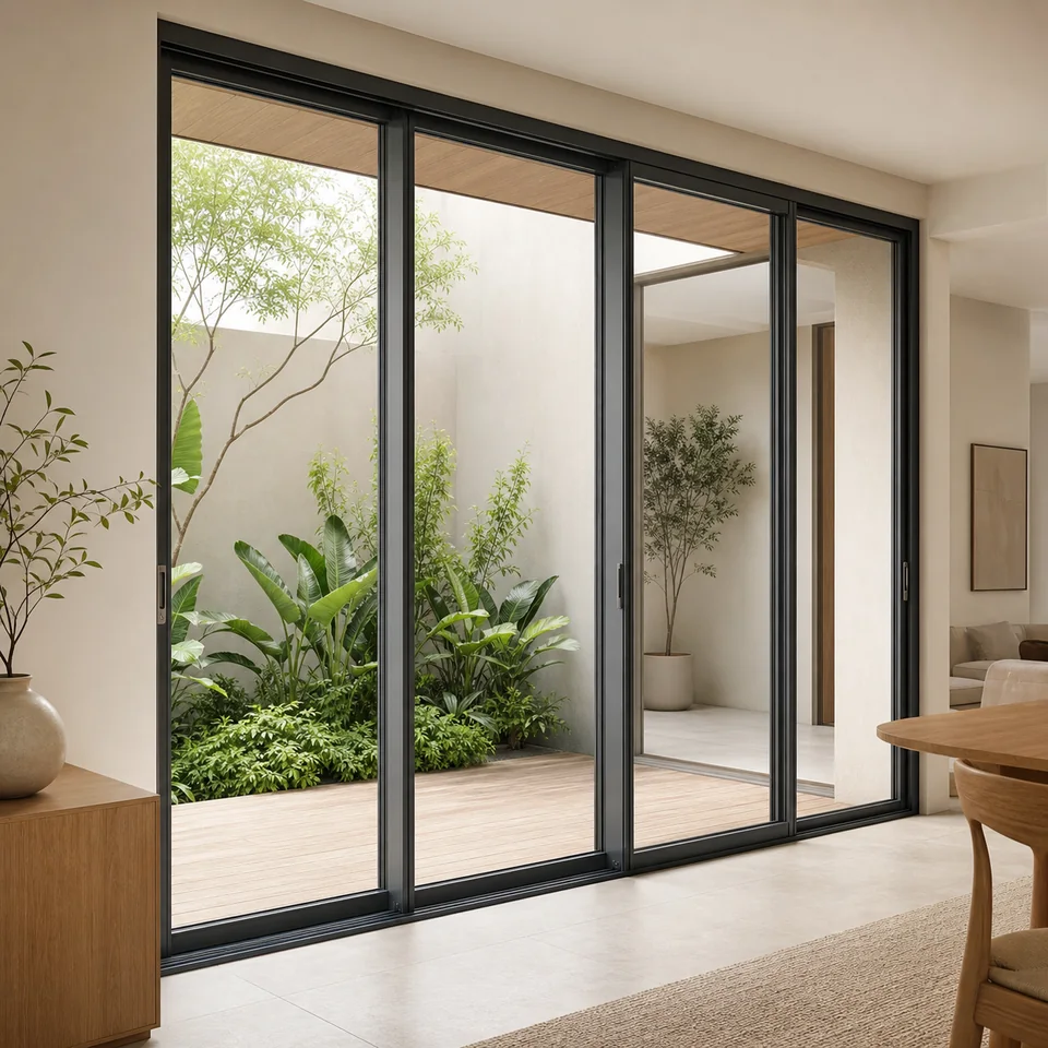 Modern black aluminium sliding door opening to a tropical courtyard